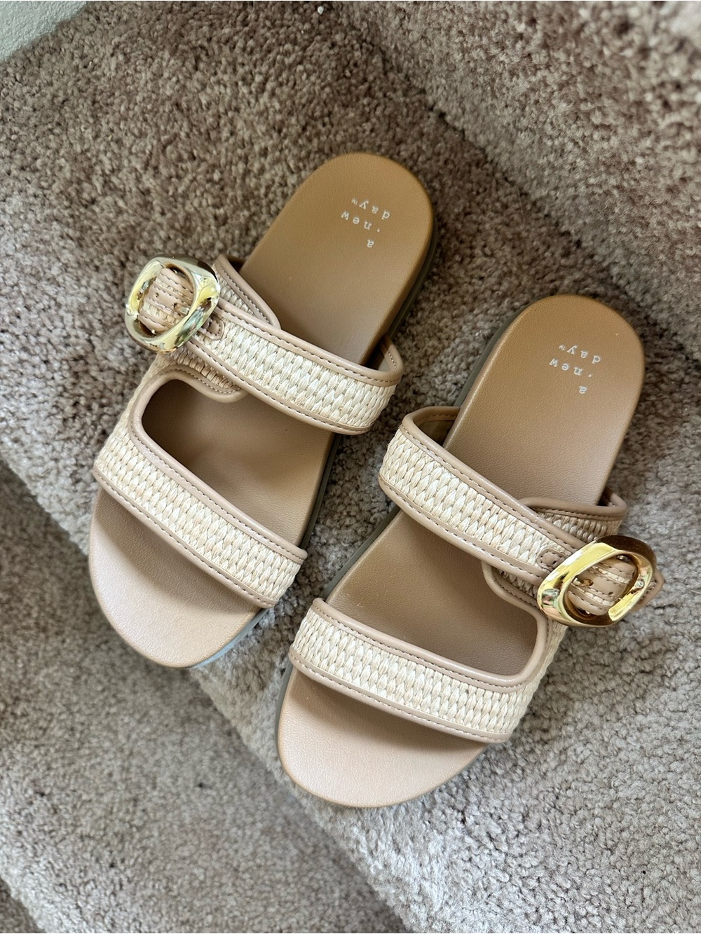 Women’s Beige Woven Slide Sandals with Gold Buckle